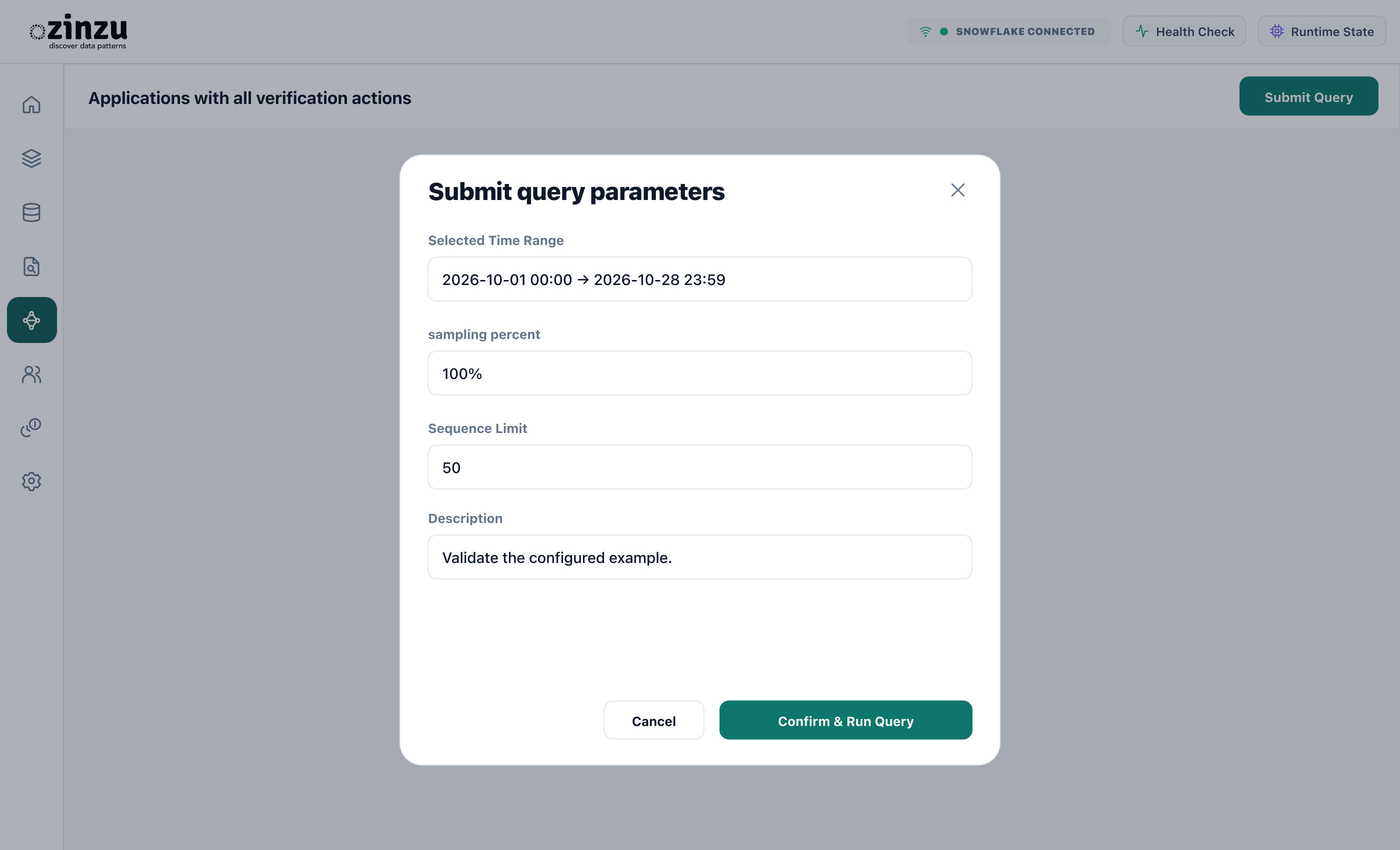 Submit query parameters. Illustration: Submit query parameters showing the time range, sampling percentage, and sequence limit.