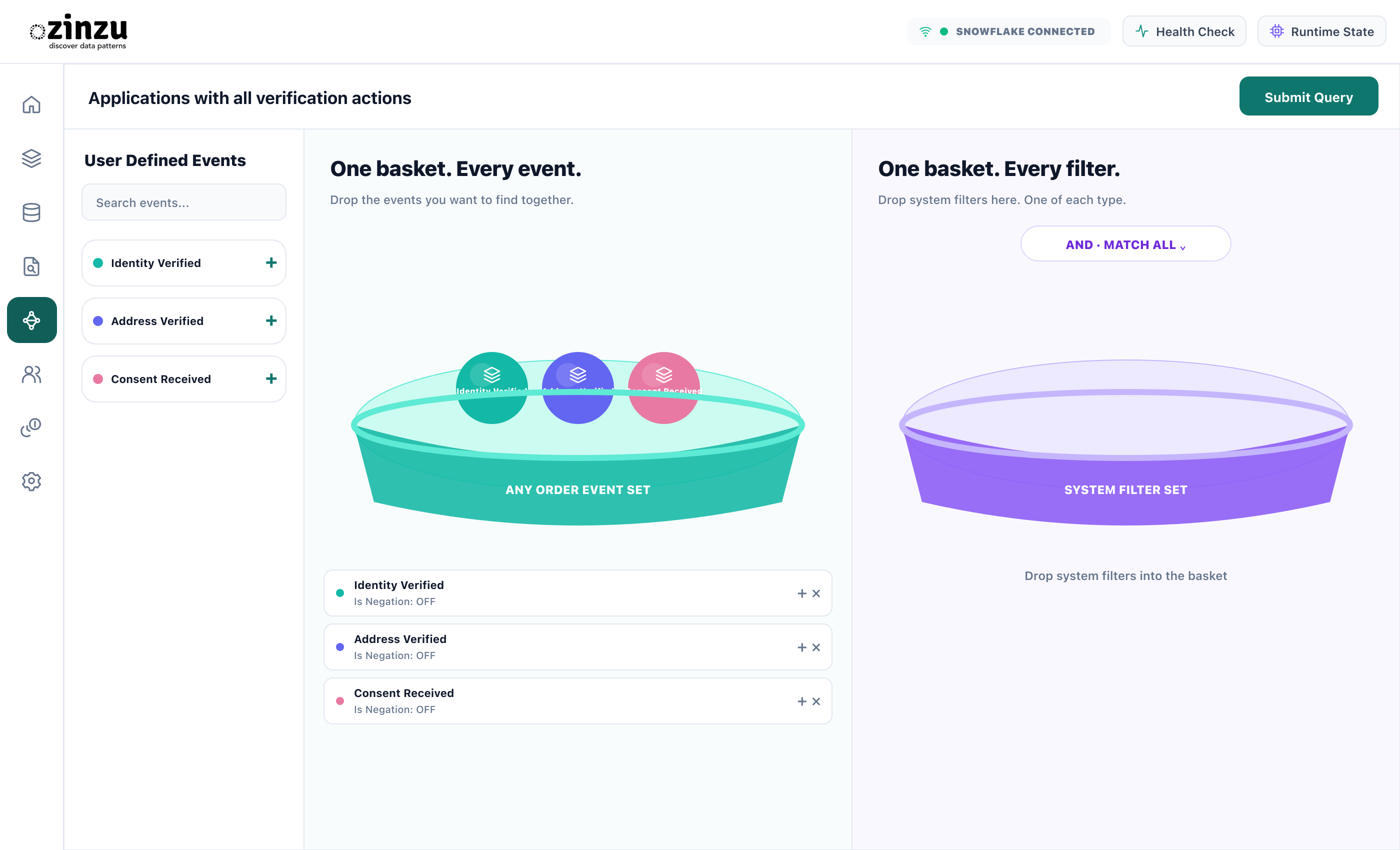 Applications with all verification actions. Illustration: Any-Order builder showing the event basket and system filter basket.