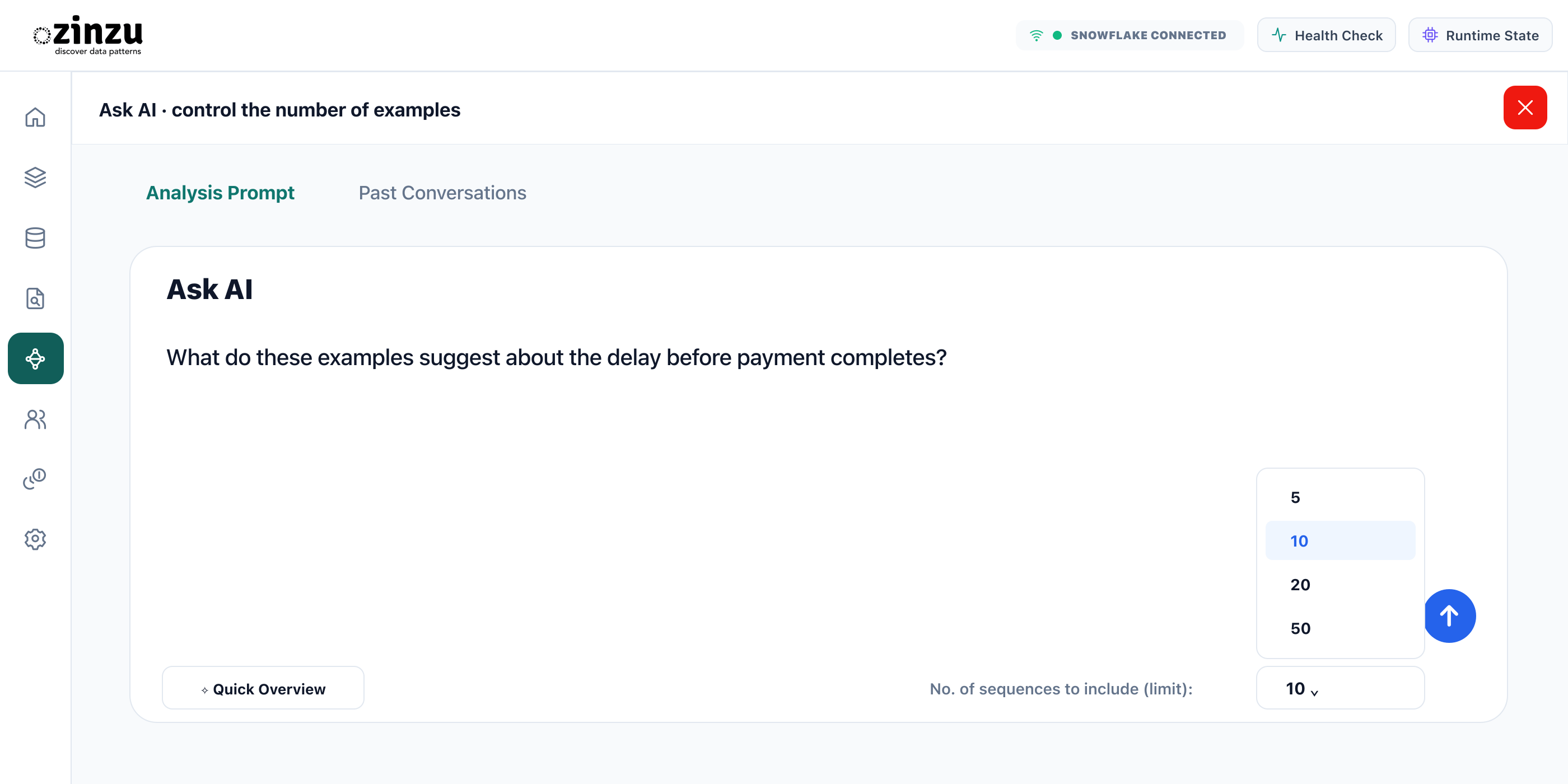 Ask AI · control the number of examples. Illustration: Ask AI panel with the sequence-limit dropdown and a sample question.