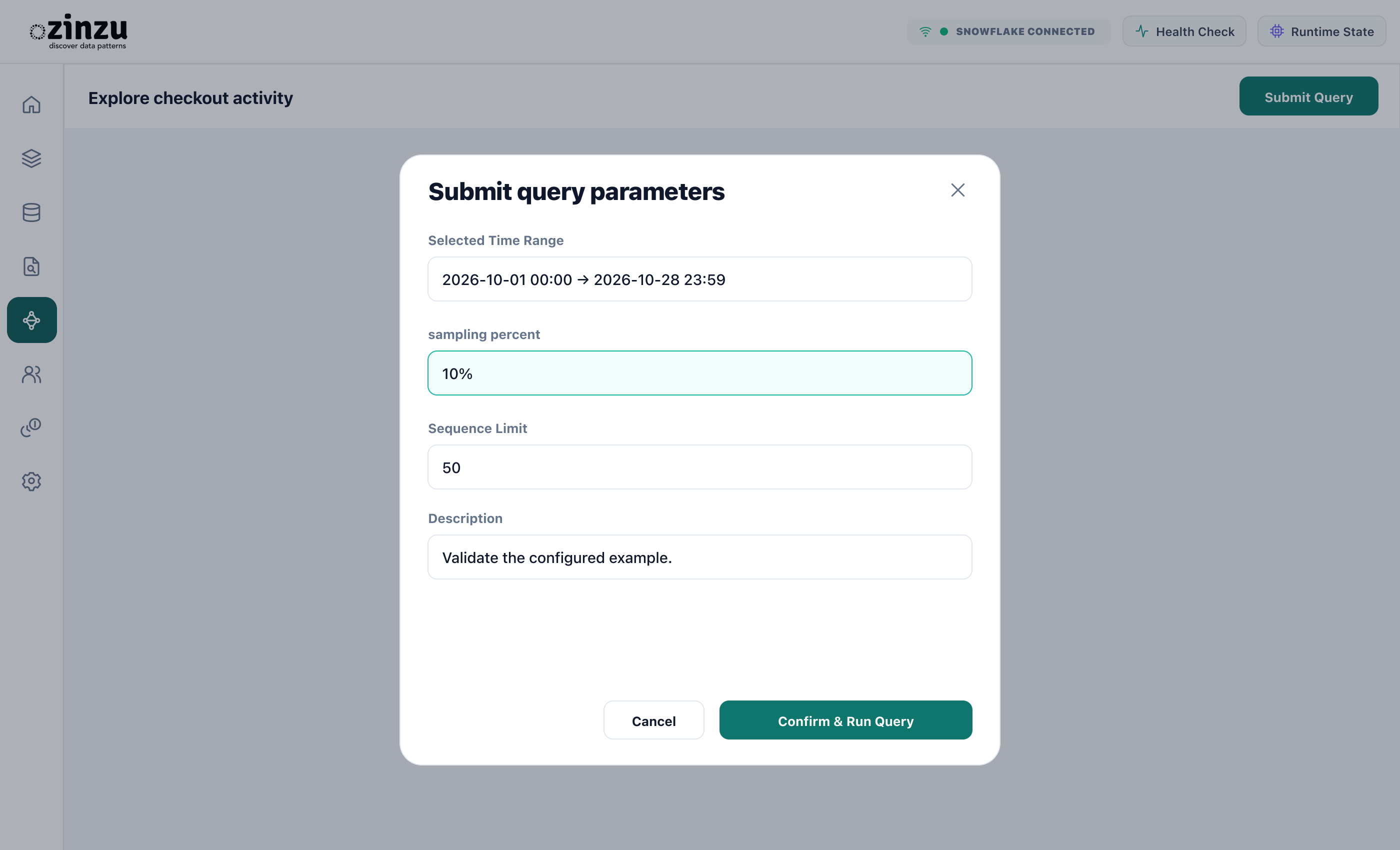 Submit query parameters. Illustration: Submission dialog with sampling percent highlighted.