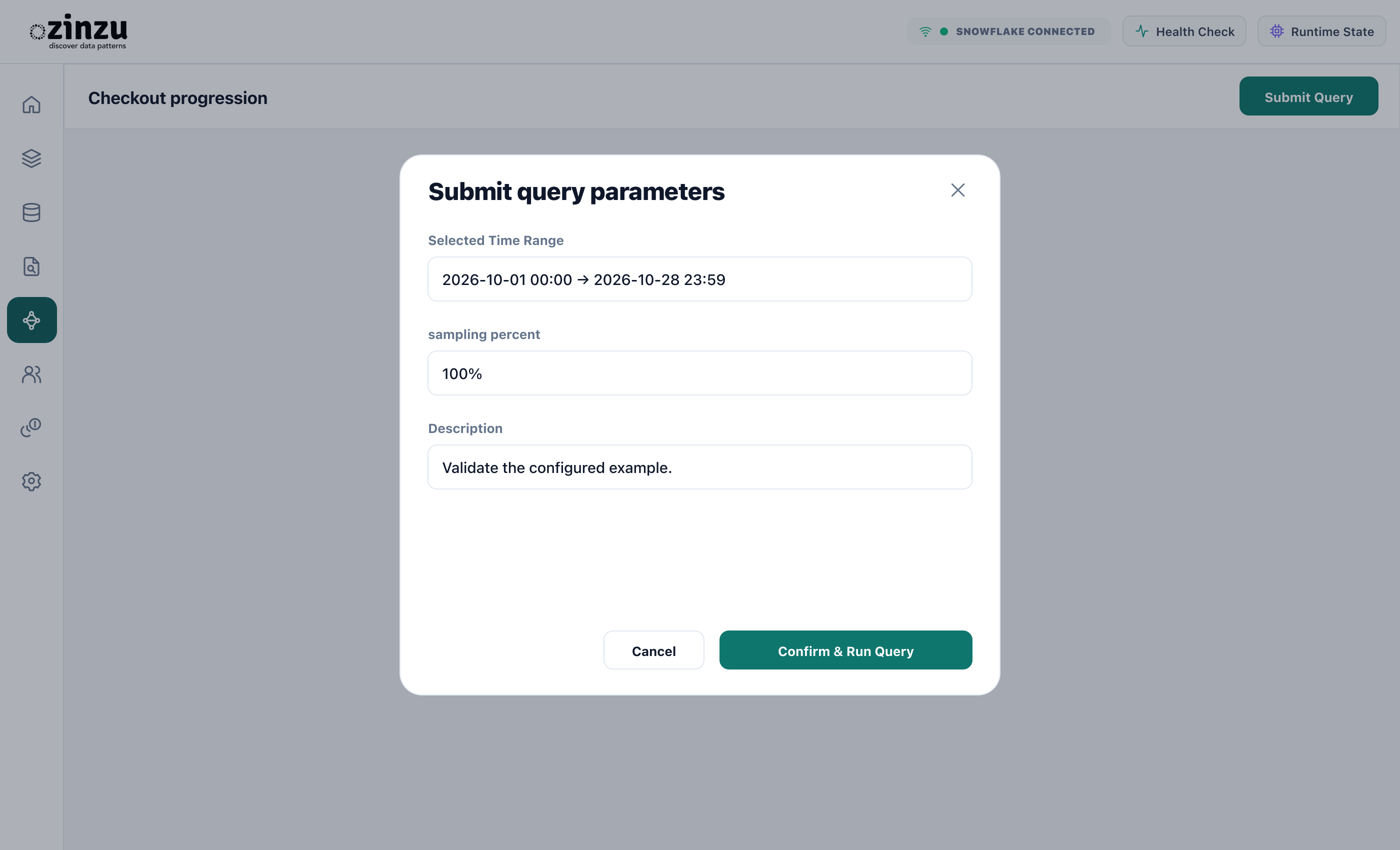 Submit query parameters. Illustration: Funnel submission dialog with time range, sampling, and description.