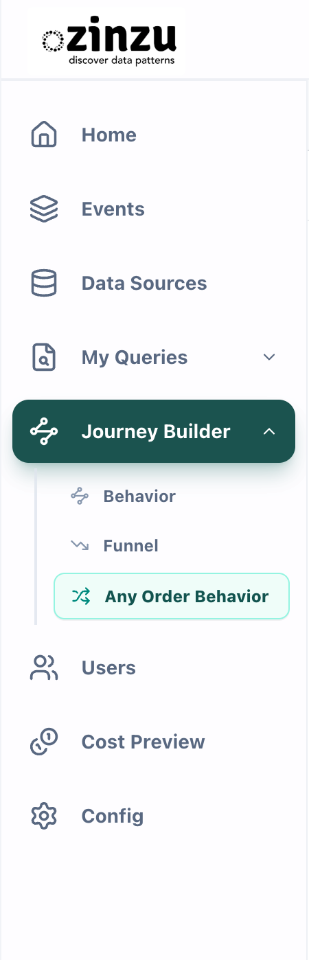 Journey Builder navigation with Any Order Behavior selected.