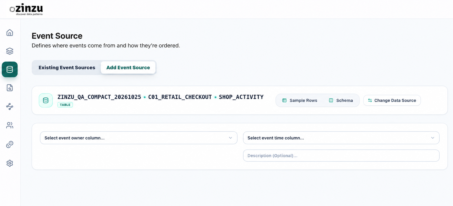 Event Source configuration with EventOwner, event time, description, Sample Rows, and Schema controls.