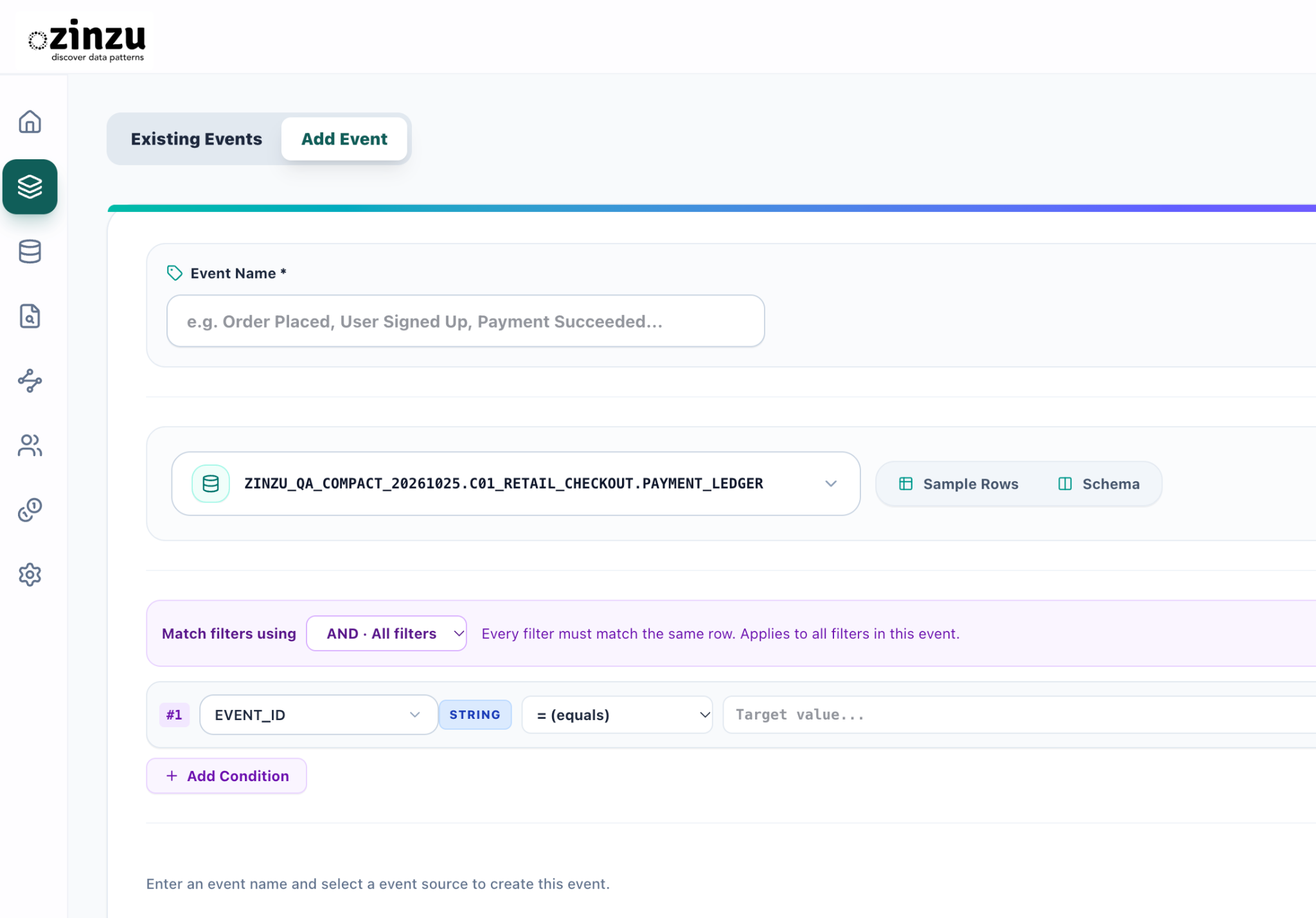 Add Event form with an event name, configured Event Source, and optional filter conditions.
