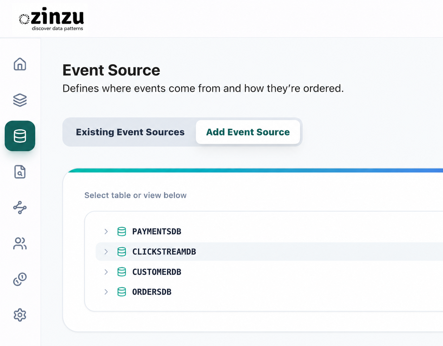 The Event Source screen showing databases available after zinzu receives data access.