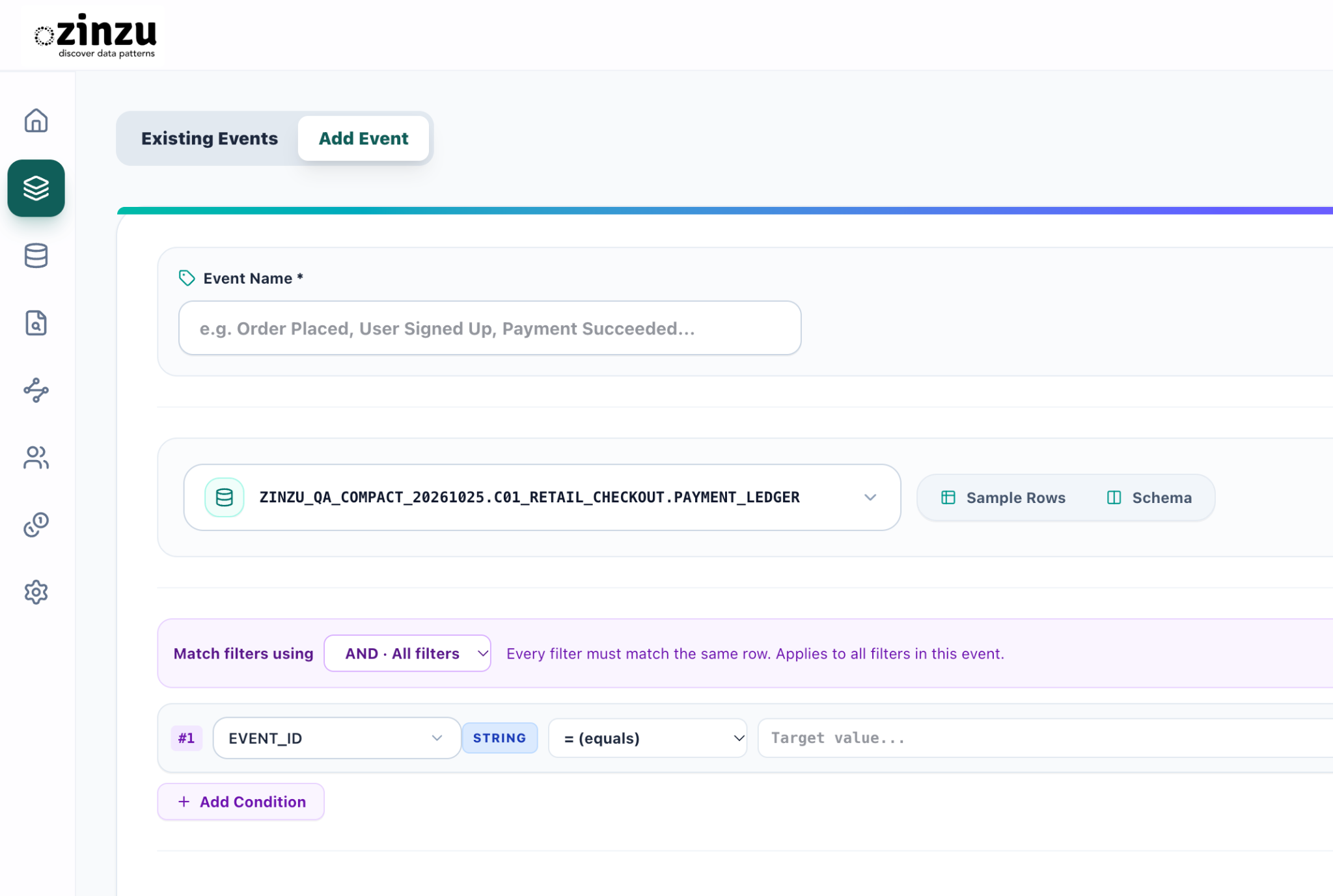 Event filter controls for selecting a column, comparison operator, target value, and AND or OR conditions.