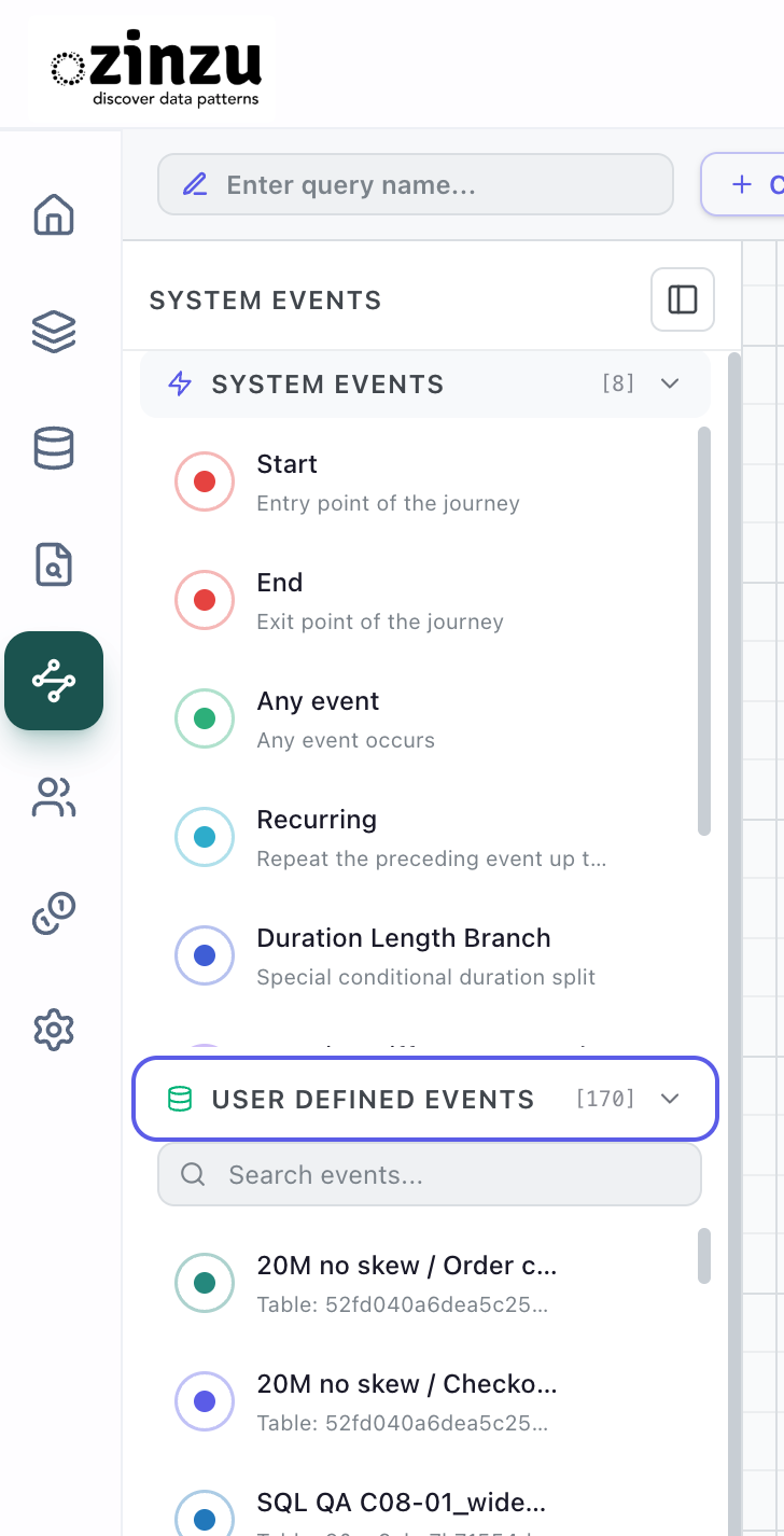 Query builder event library showing System Defined Events and User Defined Events.