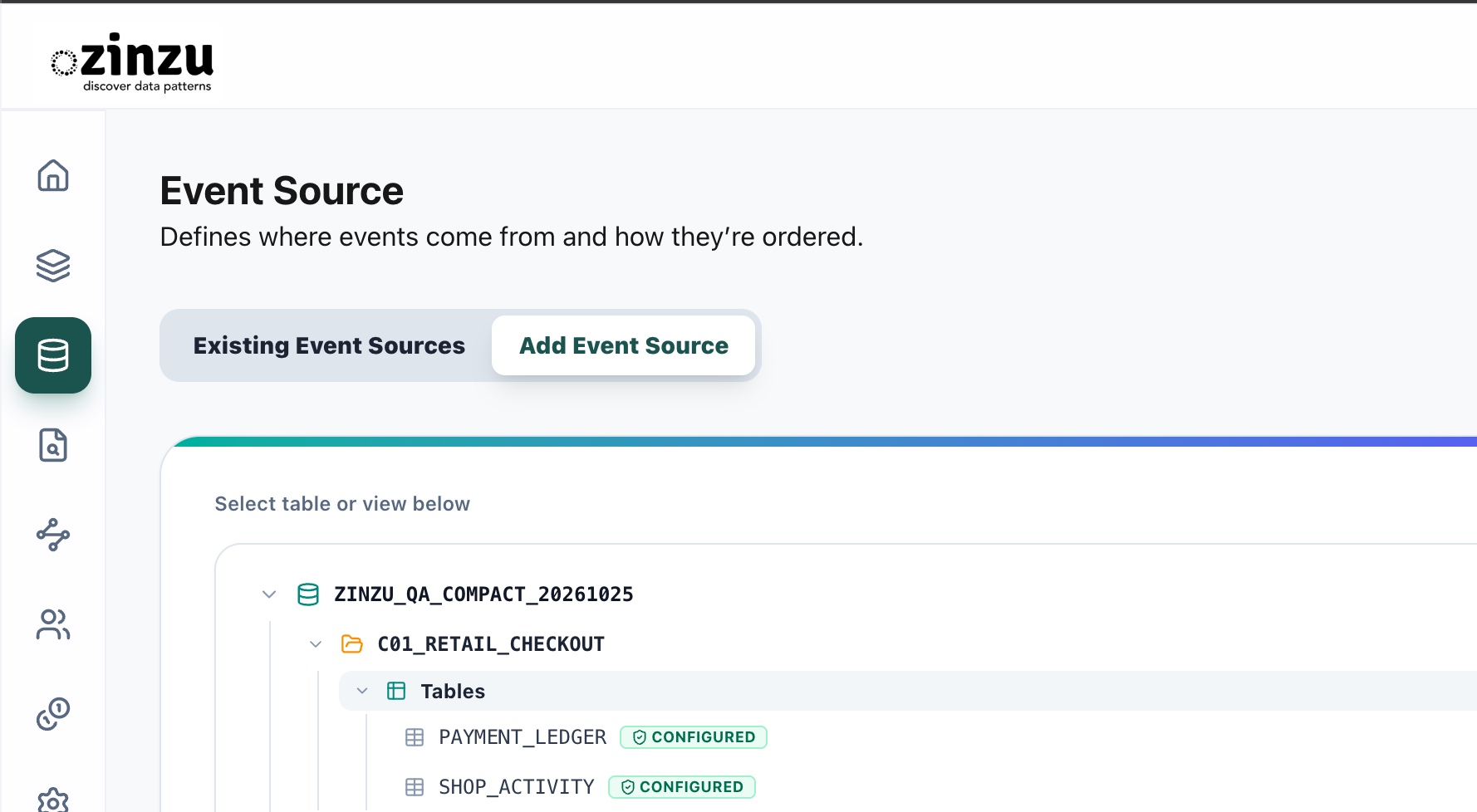 Expanded Snowflake database and schema showing tables with CONFIGURED indicators.